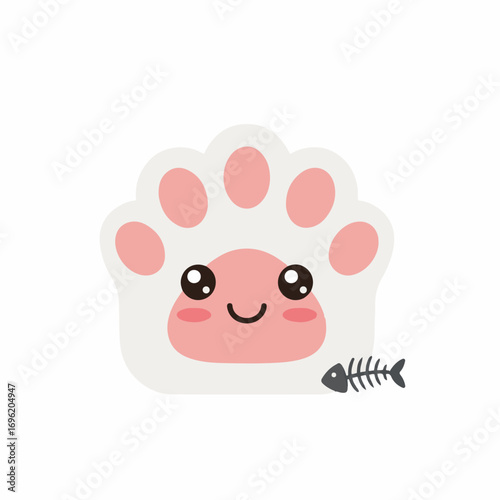A cute cartoon cat paw with a smiling face and rosy cheeks, next to a fish skeleton.
