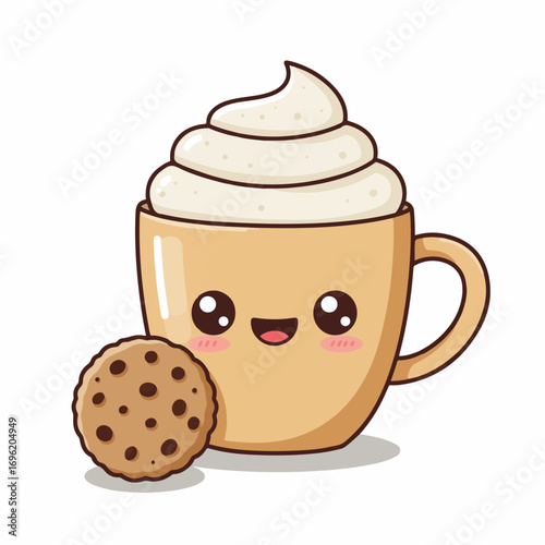 A cute cartoon illustration of a coffee cup with whipped cream and a chocolate chip cookie.