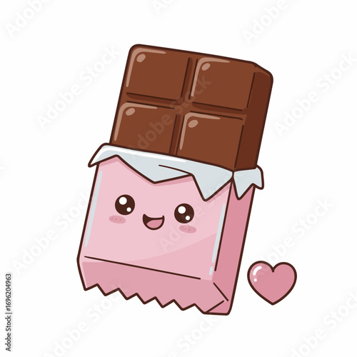 A cute, kawaii-style chocolate bar with a happy face and a small pink heart next to it.
