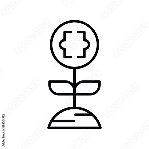 A blackandwhite line drawing of a plant with a jigsaw puzzle piece inside a circle for the flower. Editable stroke icon
