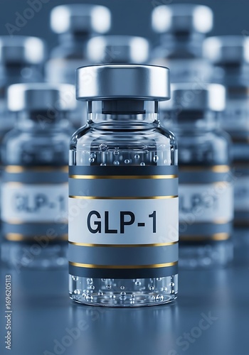 Vial with G L P-1 label and liquid GLP-1 medicine