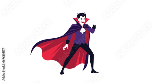 A mysterious vampire character poses dramatically with a flowing cape and fiery red interior during a spooky halloween night celebration