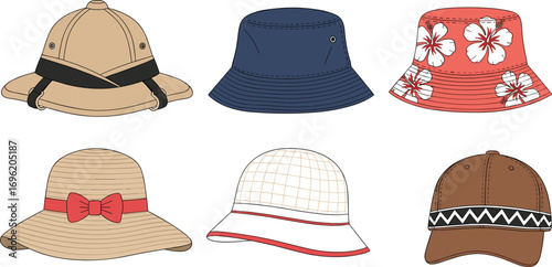 Collection of various stylish hats including safari hat, bucket hats, floral printed hat, sun hat with bow, and casual baseball cap.