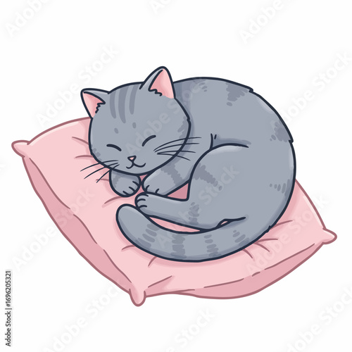 A cute, fluffy gray tabby cat is peacefully sleeping curled up on a soft pink pillow.