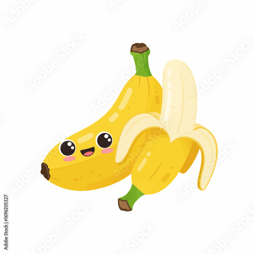 A cute cartoon illustration of two yellow bananas, one of which is partially peeled, with happy faces and rosy cheeks.