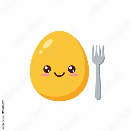 A cute cartoon yellow egg with rosy cheeks and a happy smile, next to a silver fork.
