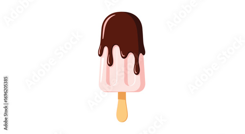 Delicious strawberry ice cream bar dipped in rich chocolate sauce with a wooden stick