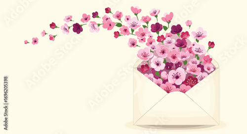 A beautifully overflowing envelope filled with pink and purple blossoms and petals floating outwards