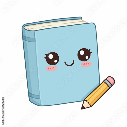 A cute, kawaii-style light blue book with a smiling face and rosy cheeks, accompanied by a yellow pencil.