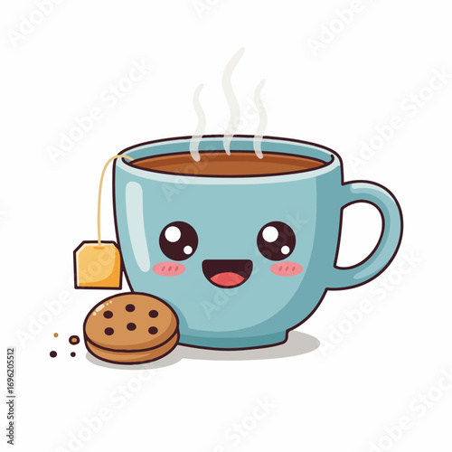 A cute, smiling cartoon mug of hot tea with a tea bag and a cookie.