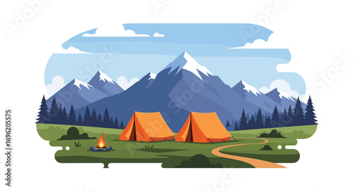 Two bright orange tents set up on a grassy meadow with a campfire burning near a path winding towards majestic snow-capped mountains