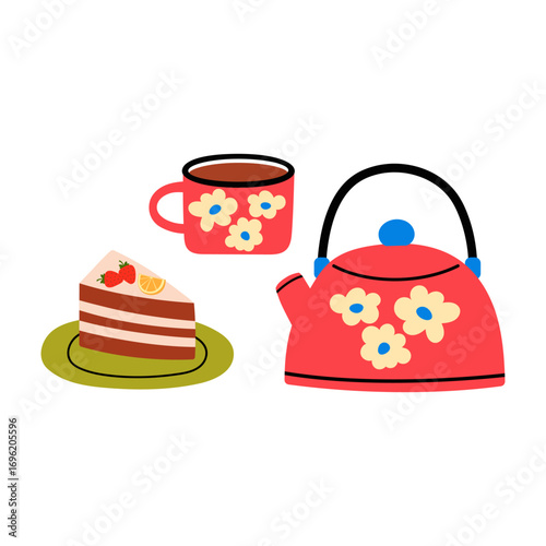 Delicious dessert with cream and decorated with fruit. Cut piece of birthday cake, served on plate. Ceramic teapot and mug with tea. Layered cake with chocolate sponge cake and whipped cream. 