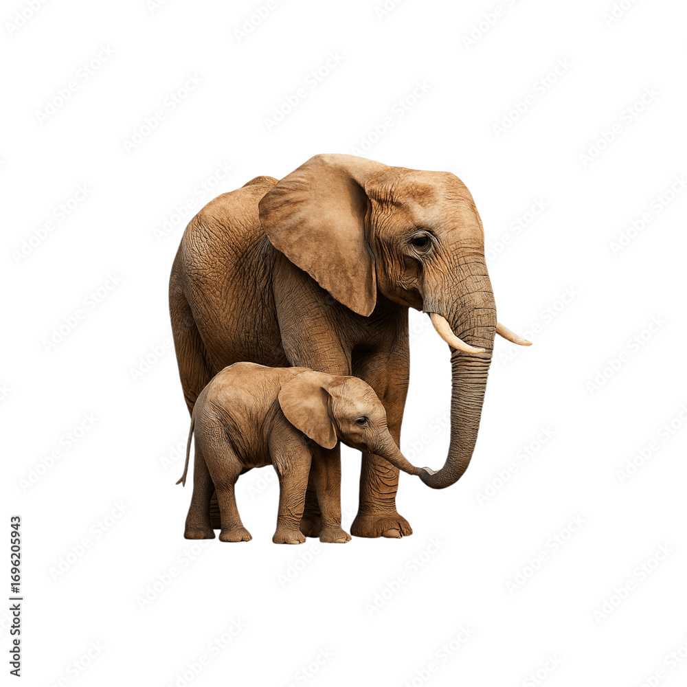 Obraz premium Majestic adult elephant tenderly guides adorable baby elephant, showcasing family bond and gentle nature, perfect for conservation and wildlife themes.