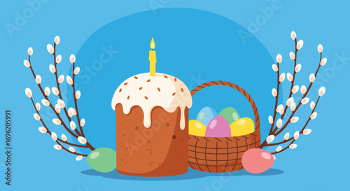 Happy easter celebration with traditional cake decorated eggs and willow branches