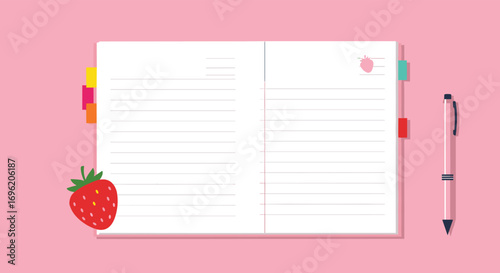 A blank journal page with a strawberry and pen ready for creative writing