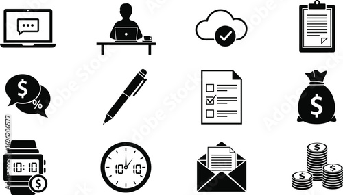 Business and office icon set, finance, time, money, checklist, cloud storage, email, smartwatch, document, online work, communication