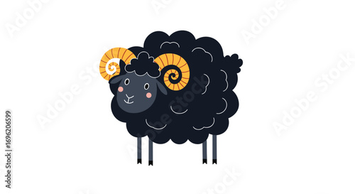 An adorable black sheep with golden spiral horns standing proudly against a clean white background digital art