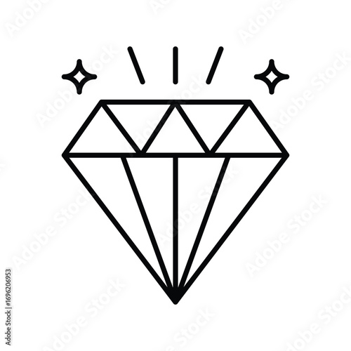 A diamond is shown with sparkle elements on either side It is an outlinestyle illustration. Editable stroke icon