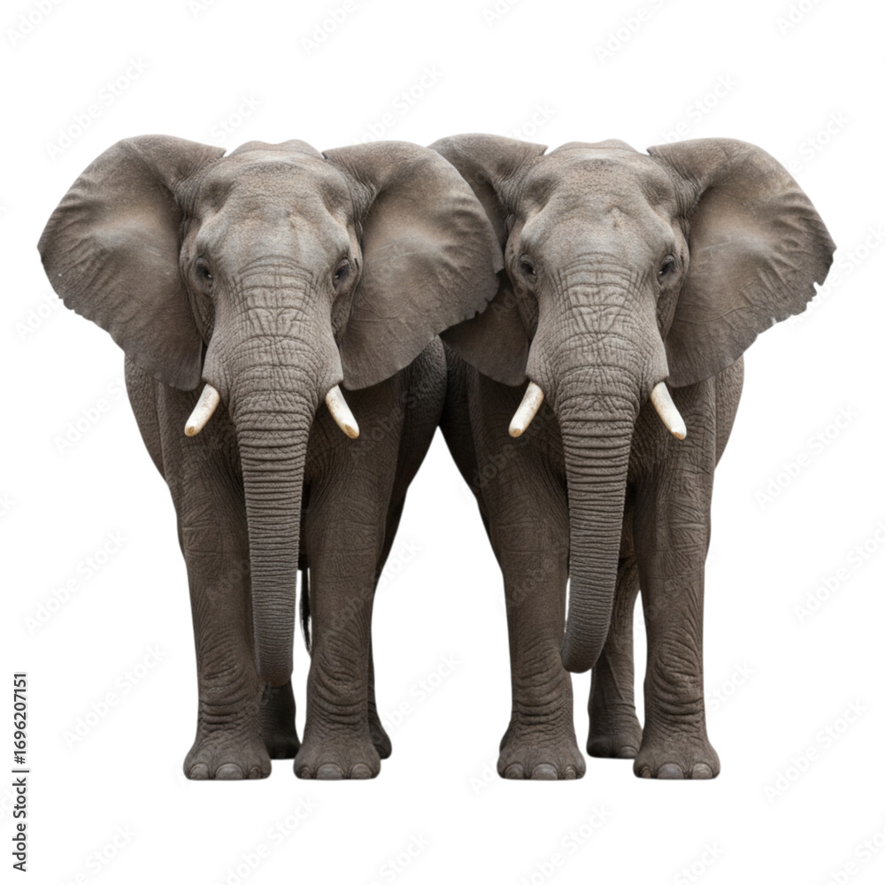 Fototapeta premium Majestic pair of African elephants standing side-by-side exuding power and gentle strength, perfect for wildlife documentaries and conservation campaigns