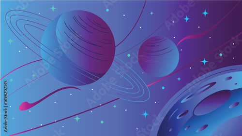 Abstract Space Vector Background with Planets, Rings, and Stars