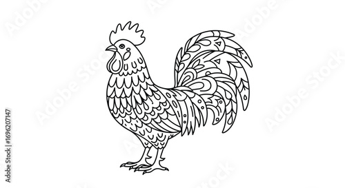 Intricate black and white rooster design for coloring pages adult animals ornamental art detailed bird