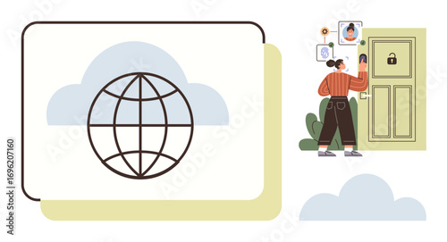 Person unlocking a smart door using facial recognition technology beside a global network symbol. Ideal for cybersecurity, smart home, identity verification, cloud computing, innovation, data