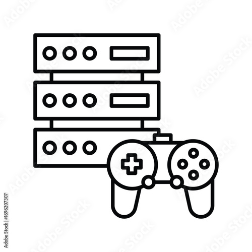 A line drawing of a server stack with a game controller in front. Editable stroke icon