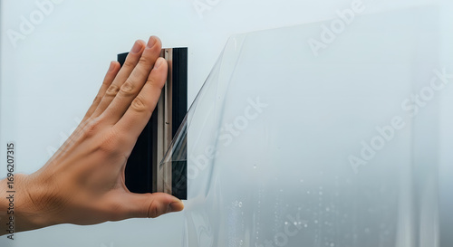 hand applying protective film with squeegee tool
