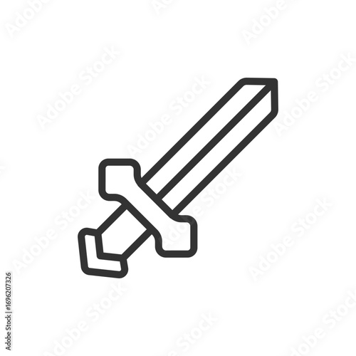 A line drawing of a sword featuring a flat outlined blade and a detailed hilt set against a plain. Editable stroke icon