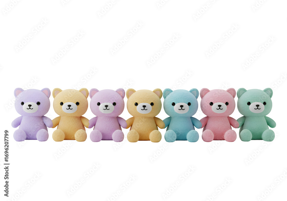 Naklejka premium Pastel Plush Bear Set: Six Soft & Cuddly Friends on white background