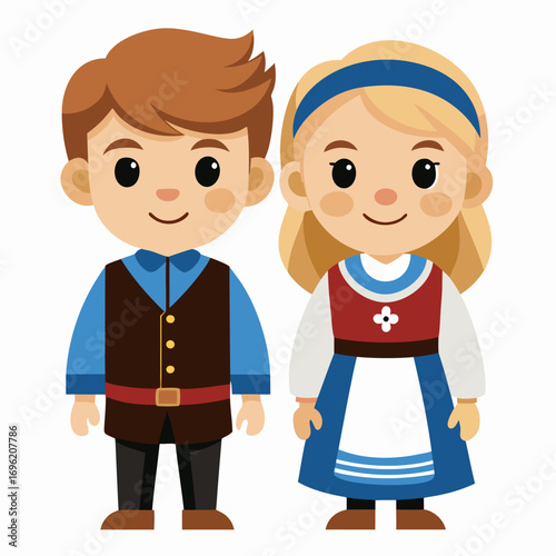 Adorable Cartoon Children in Traditional Norwegian Folk Costumes