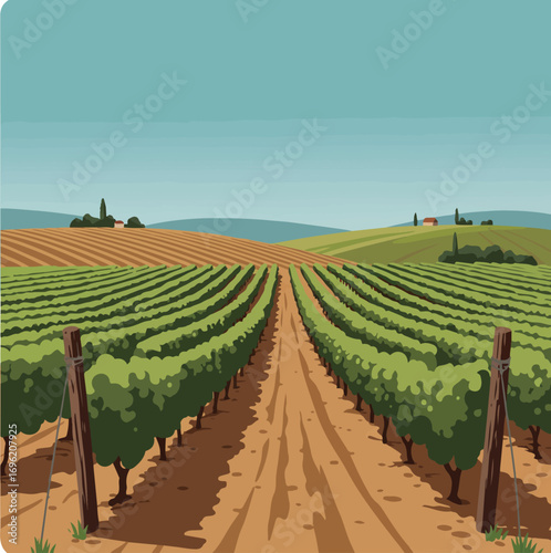 A picturesque vineyard landscape with rows of green grapevines stretching towards rolling hills under a clear blue sky.
