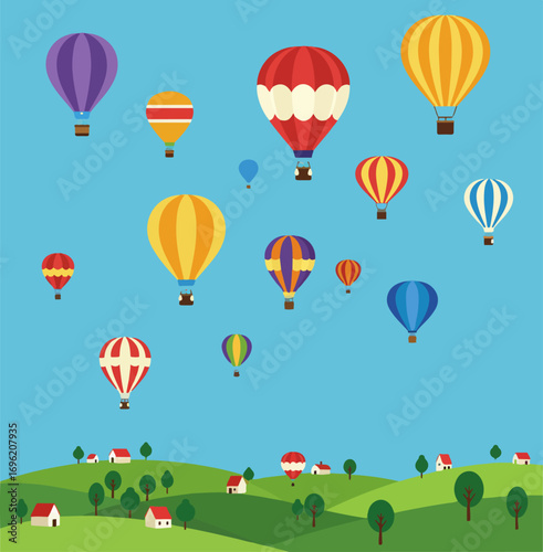 A vibrant collection of hot air balloons floating serenely in a clear blue sky above a picturesque green landscape dotted with small houses and trees.