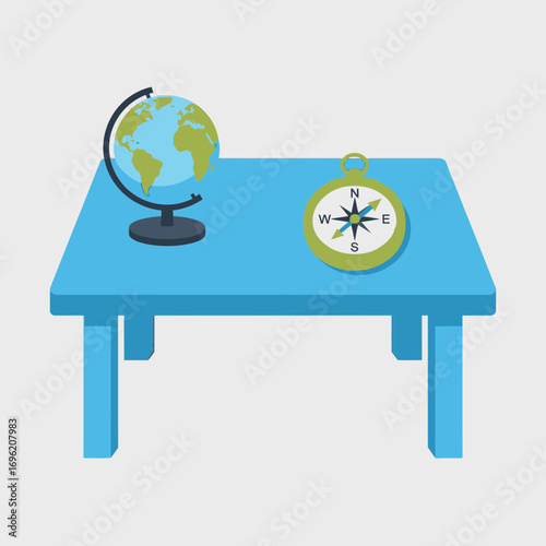 Blue table with globe and compass illustration against a light gray background.