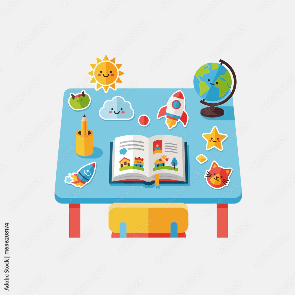 Fototapeta premium Cartoon style desk with open book globe and stickers against a white background.