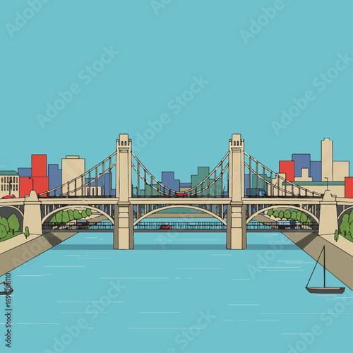 A detailed illustration of a suspension bridge spanning a wide river with a city skyline in the background.