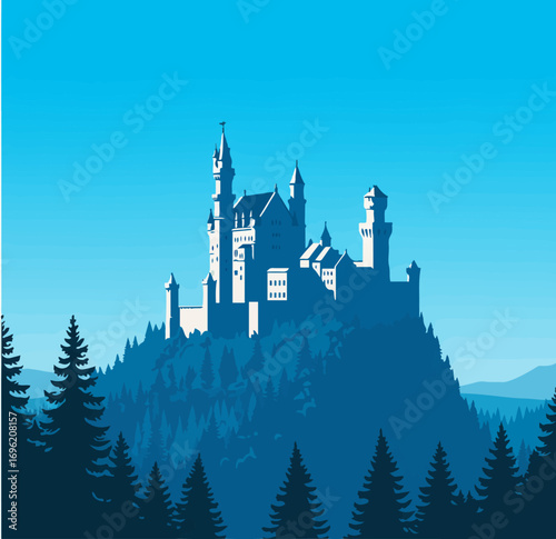 A majestic white castle perched atop a lush green mountain, surrounded by a dense forest under a clear blue sky.