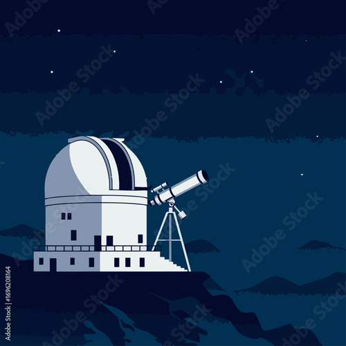 An observatory with a telescope stands on a hill under a starry night sky.