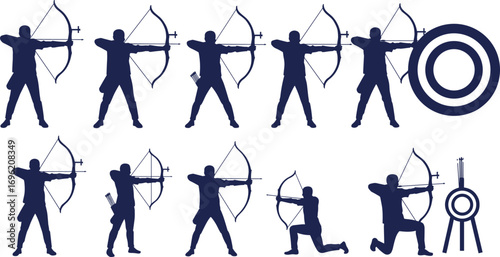 Archery silhouettes set, archer poses with bow and arrow, target practice, sport activity icons, vector illustration, shooting stance art
