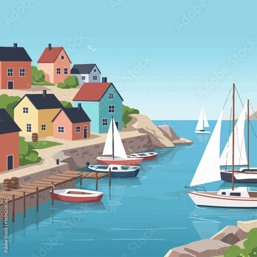 A picturesque coastal village with colorful houses nestled on a hillside overlooking a harbor filled with sailboats.