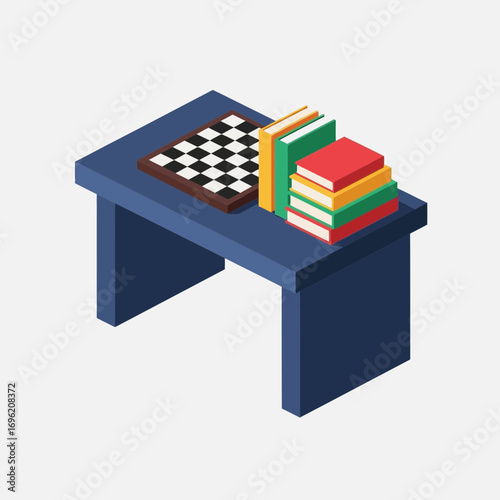Blue table with chess board and books on a white background.