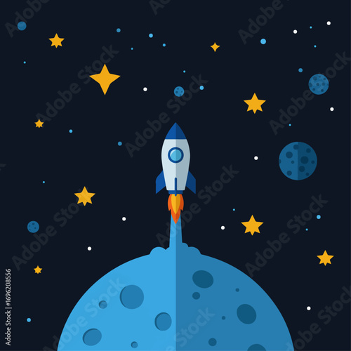 A stylized rocket launches from a blue planet into a starry night sky.