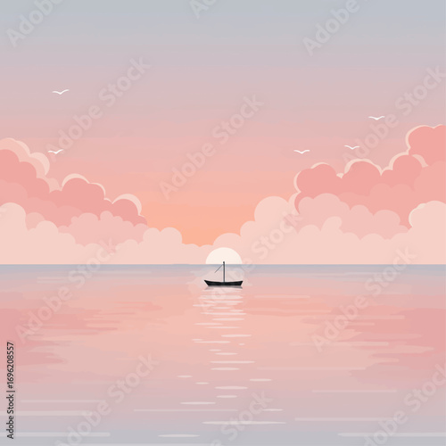 A lone sailboat glides across a serene ocean at sunset, with soft pink clouds reflecting on the calm water.