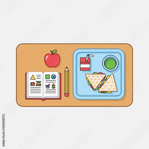 Lunchbox with sandwich apple juice vegetables and school supplies on a table.