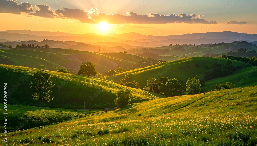 Naklejka premium Lush green hills at sunset
