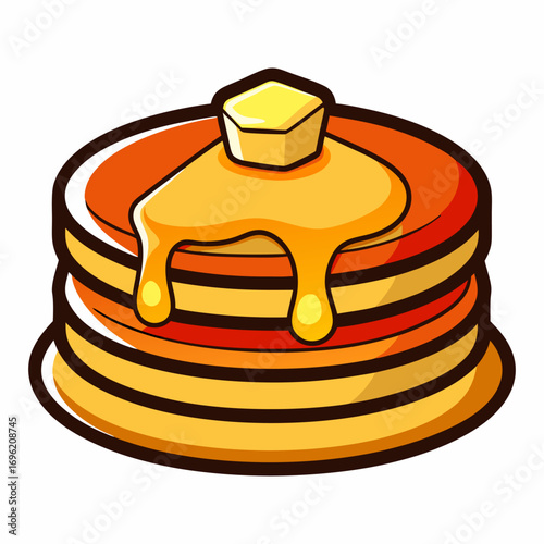 A tempting stack of pancakes.  drenched in syrup and topped with butter. The perfect breakfast treat!