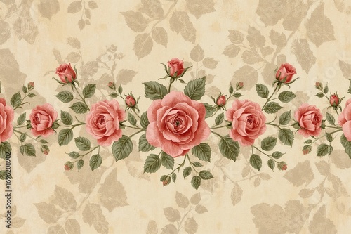 Fototapeta Naklejka Na Ścianę i Meble -  Floral border featuring multiple pink roses in a continuous pattern on an antique sketch background for wallpaper and fabric printing