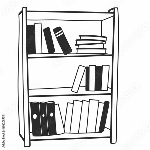 Bookshelf with stacked books and binders in simple line art  