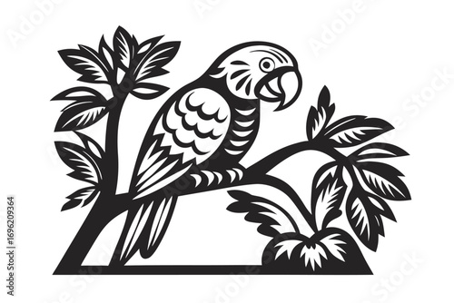 Monochrome Ara Parrot Sitting on Stylized Branch with White Background