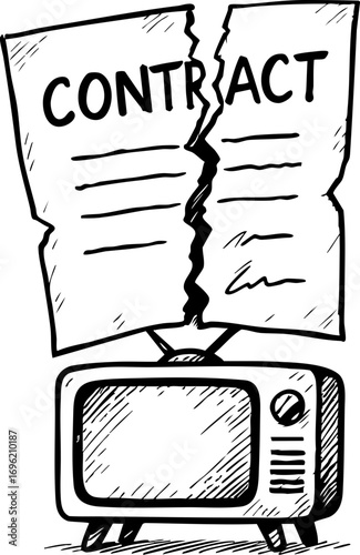 television job loss concept. Torn contract above a vintage television illustration.